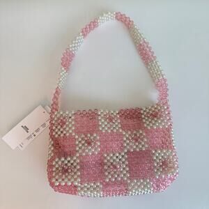 NWT Kimchi Blue Pink/White Beaded and Bows Gingham Checked Baguette Bag